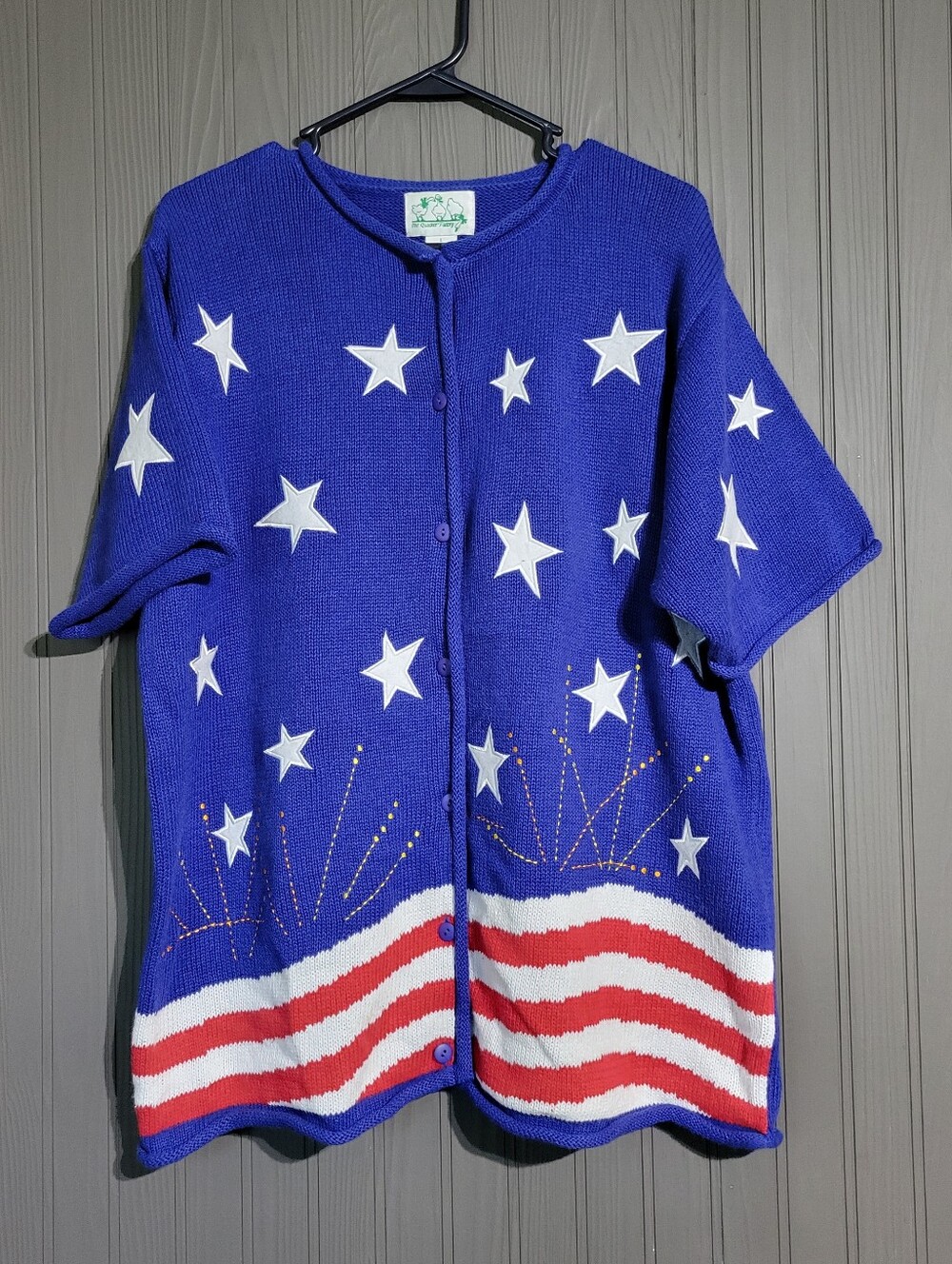 VTG Quacker Factory Short Sleeve Button Down Knit Sweater Patriotic Women's LG